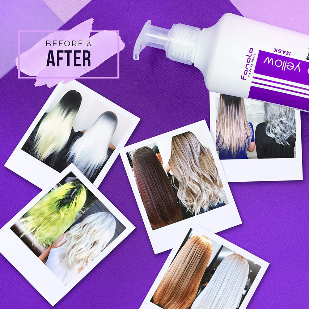 Fanola No Yellow Shampoo hair tone visual illustrating cool blonde upkeep.