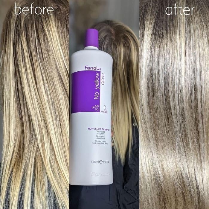 Fanola No Yellow purple pigment swatch shows cool-toned result on hair