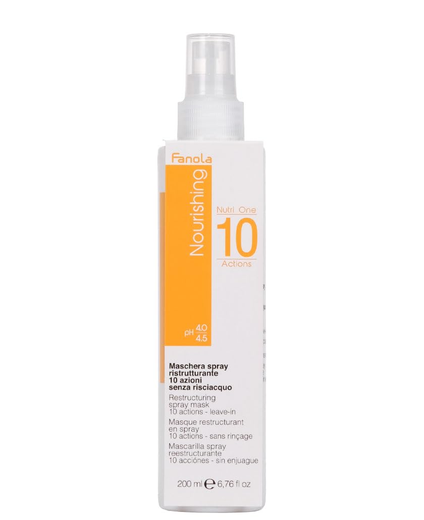 Fanola Restructuring Spray Mask bottle provides hydration and frizz control for damaged hair.