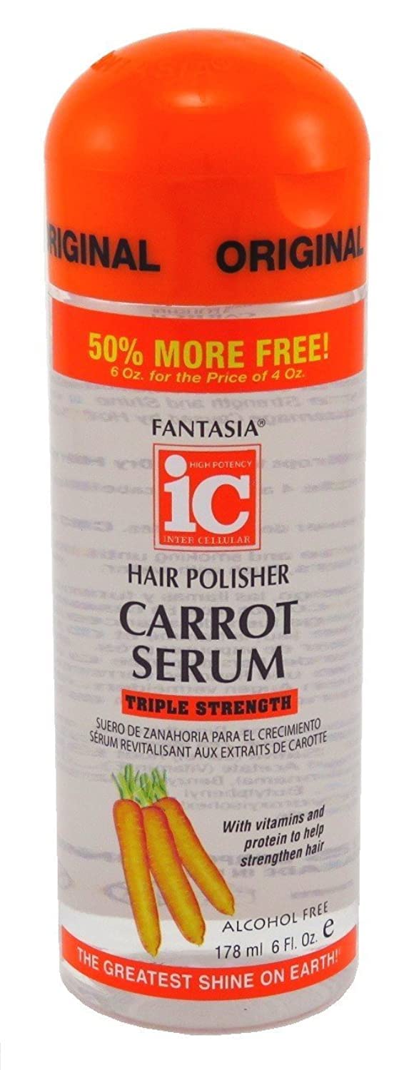 Fantasia Hair Polisher Carrot Serum bottle 6oz promotes shine and manageability.