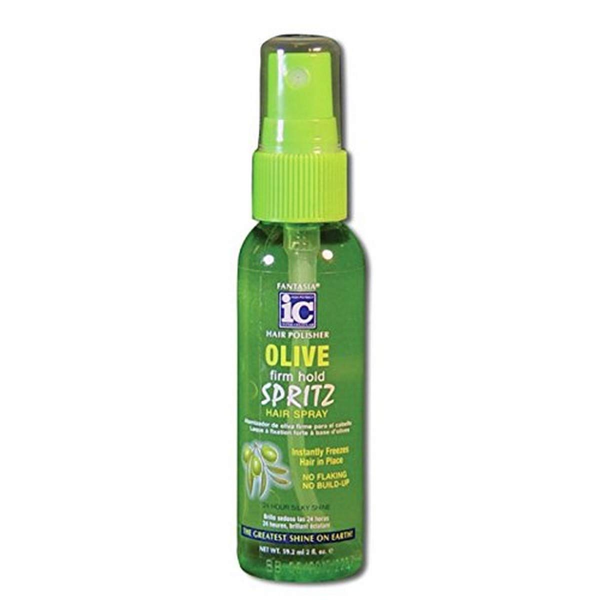 Fantasia Hair Polisher Olive Spritz bottle for frizz control and smoother styling.