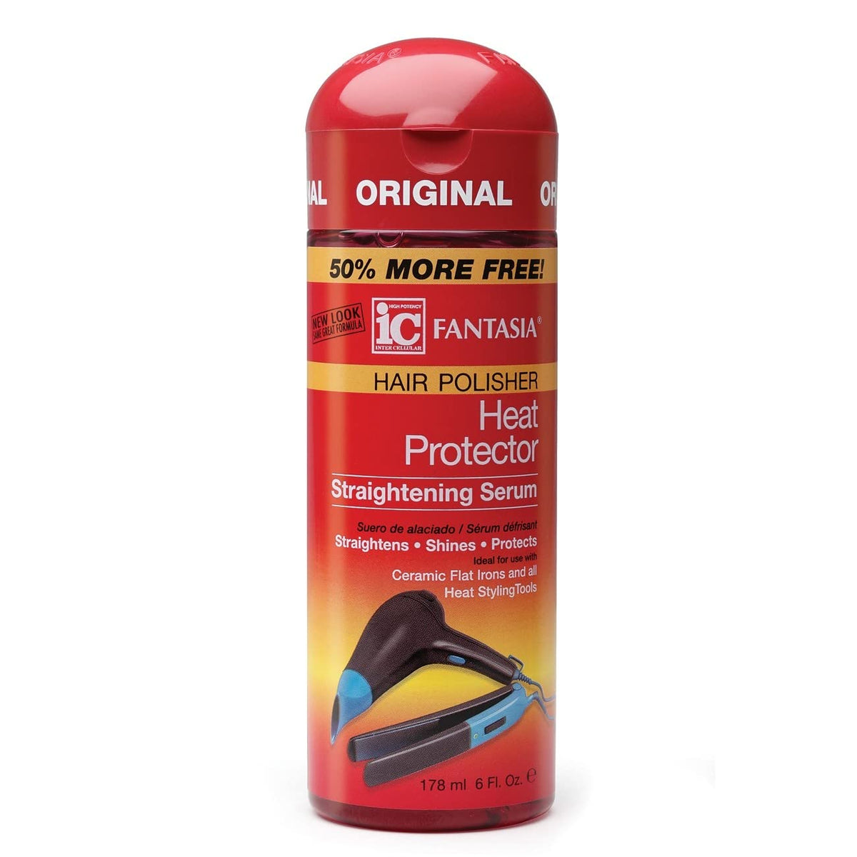 Fantasia High Potency IC Heat Protector bottle shields hair during styling for smoother results.