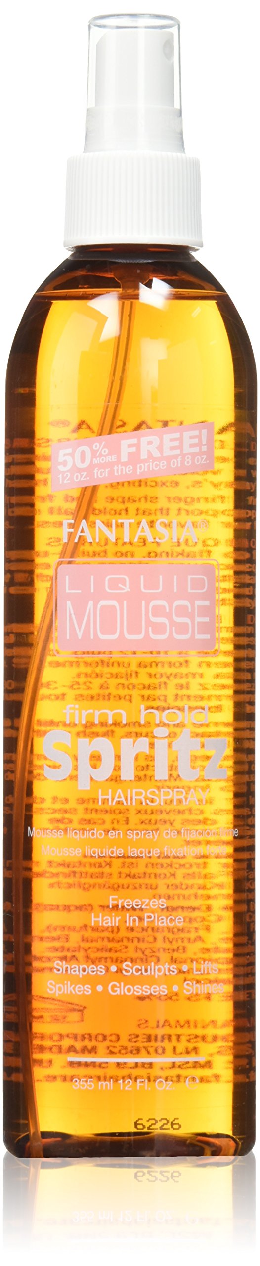 Fantasia Liquid Mousse Spritz bottle angled, showing strong hold and shine