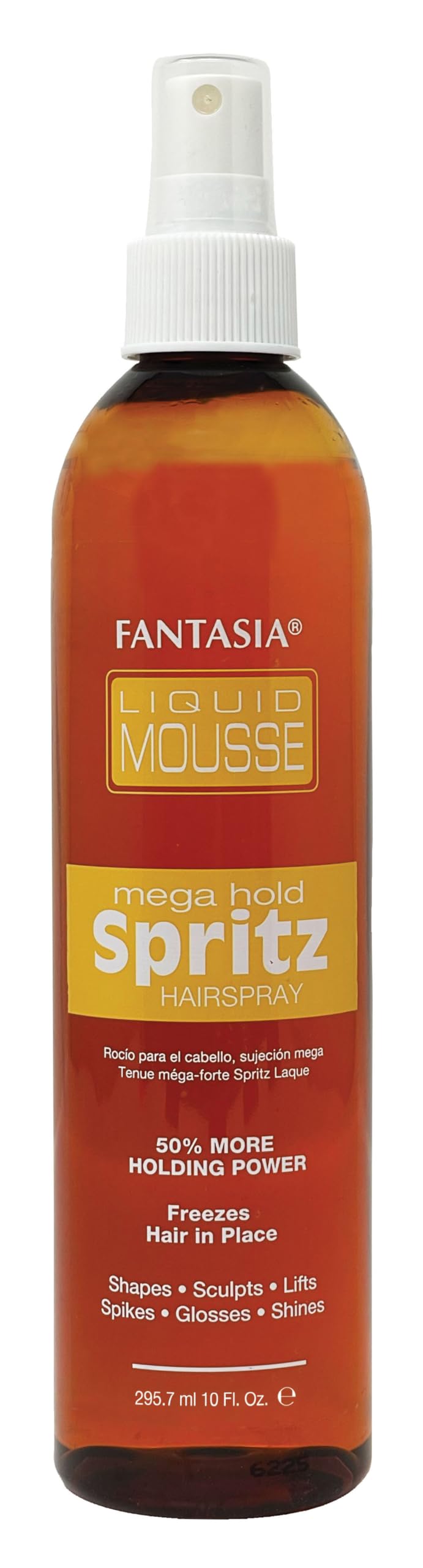 Fantasia Liquid Mousse Spritz bottle delivers lasting hold with glossy shine for sleek styles.