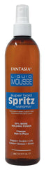 Fantasia Liquid Mousse Spritz Hair Spray Super Hold bottle showcases glossy, sculpted style.