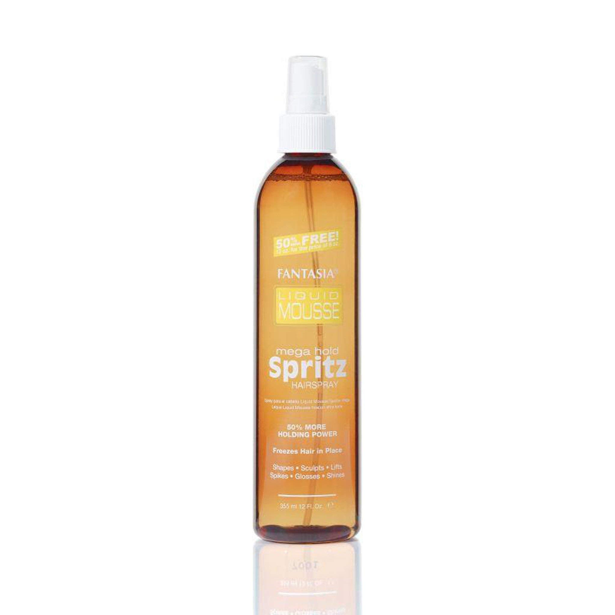 Fantasia Spritz Mega Hold Spray bottle demonstrates fast-drying, long-lasting hold.