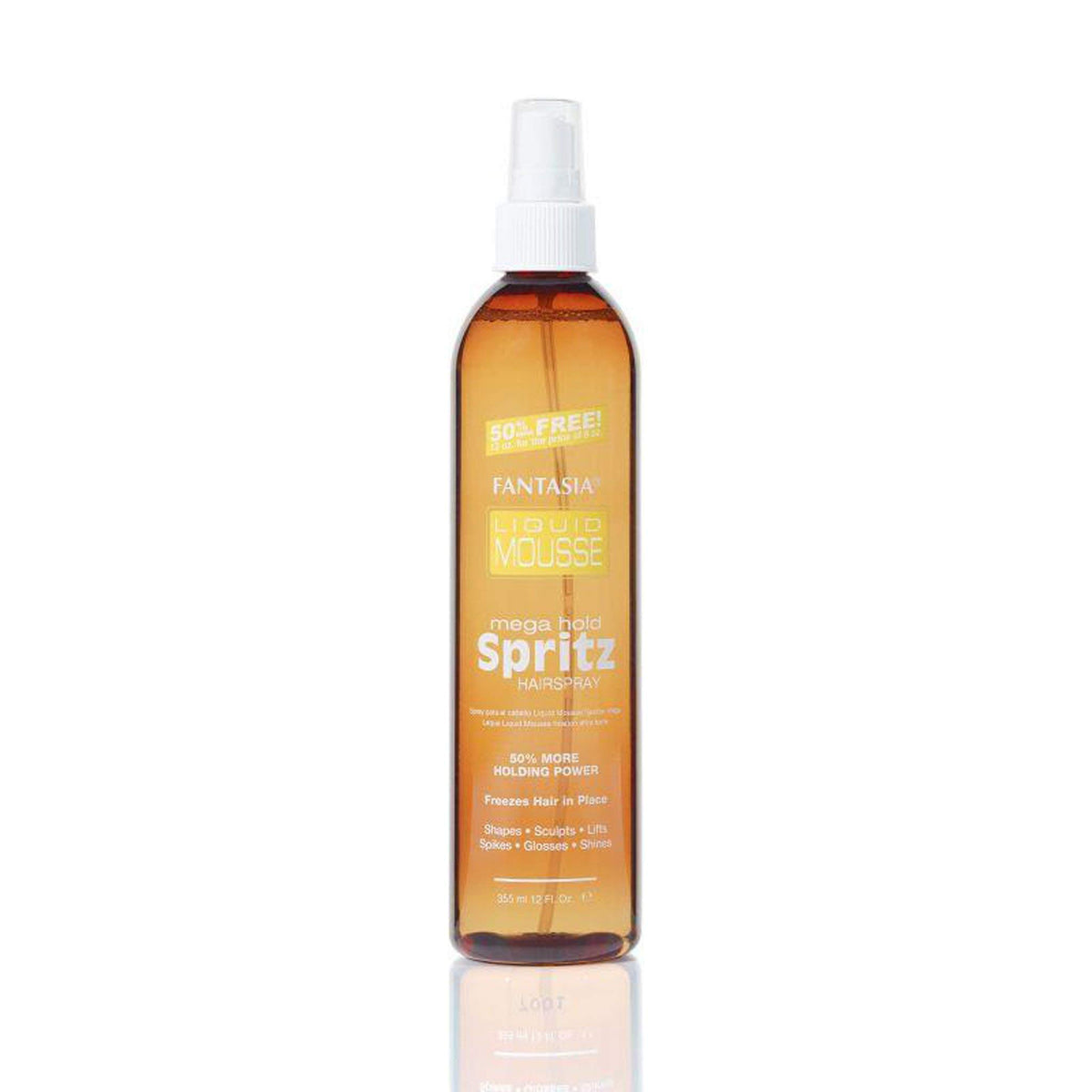 Fantasia Spritz Mega Hold Spray bottle demonstrates fast-drying, long-lasting hold.