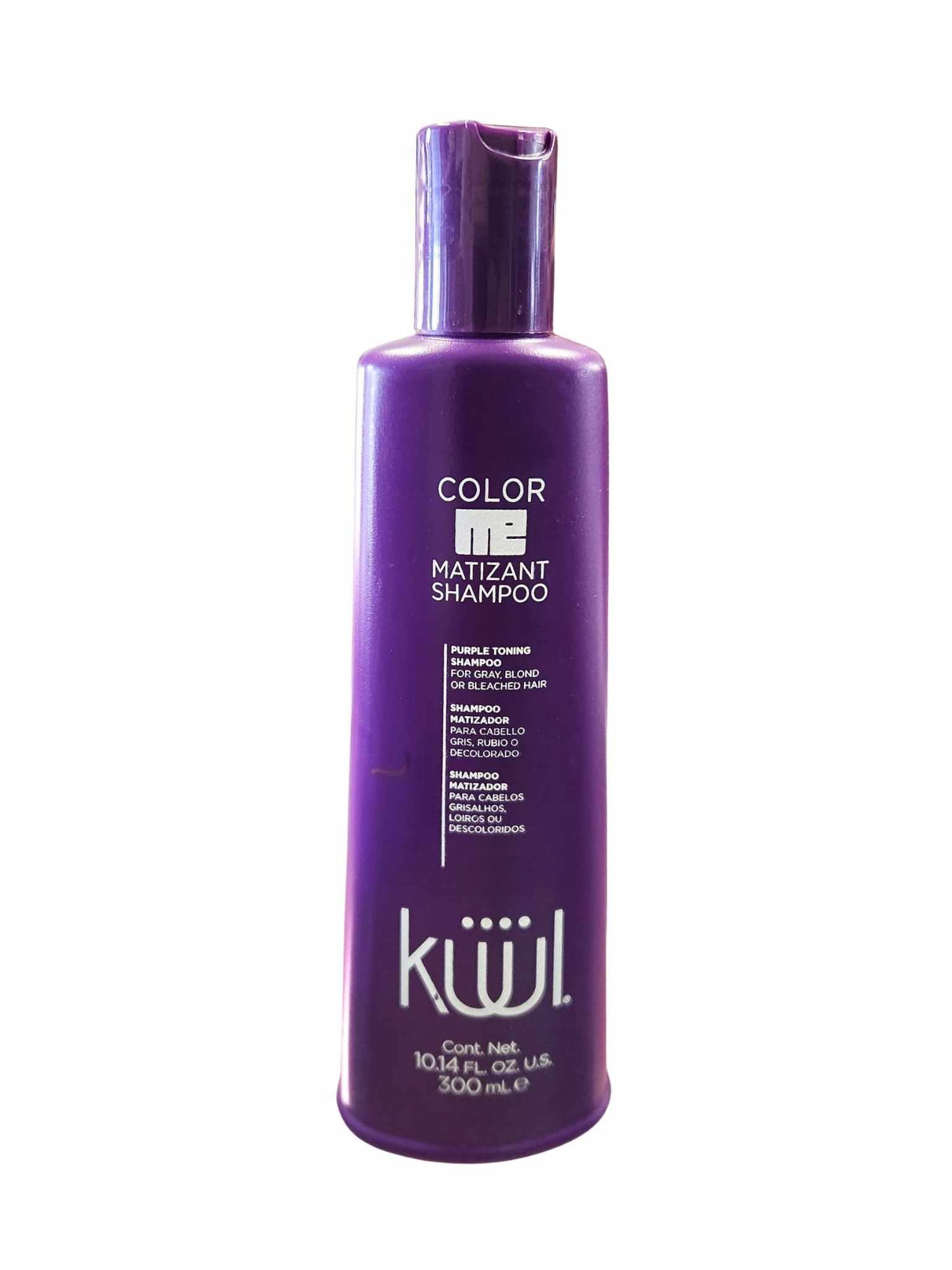Fantasy Nails Kuul Matizant Shampoo purple bottle reveals color boost for gray and blonde hair.