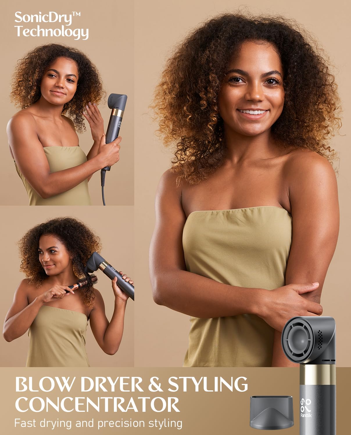 Fanttik Solo AirWave attachments 6-in-1 close-up highlighting curling, volumizing, smoothing capabilities