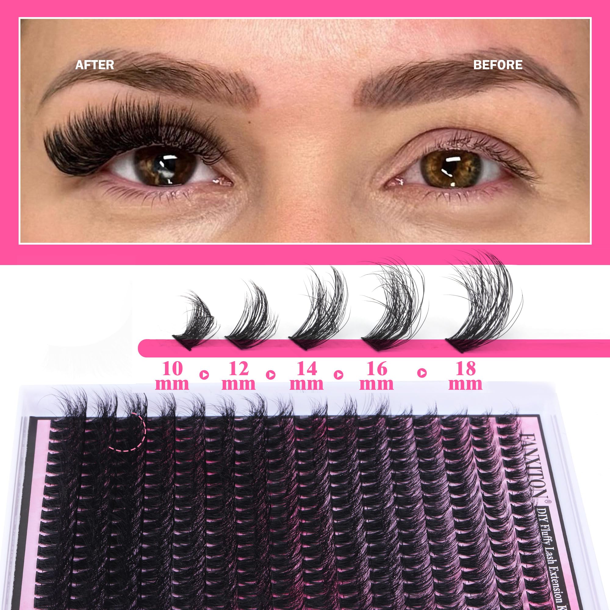 Fanxiton lash clusters 288-pcs collection arranged by length for customization.