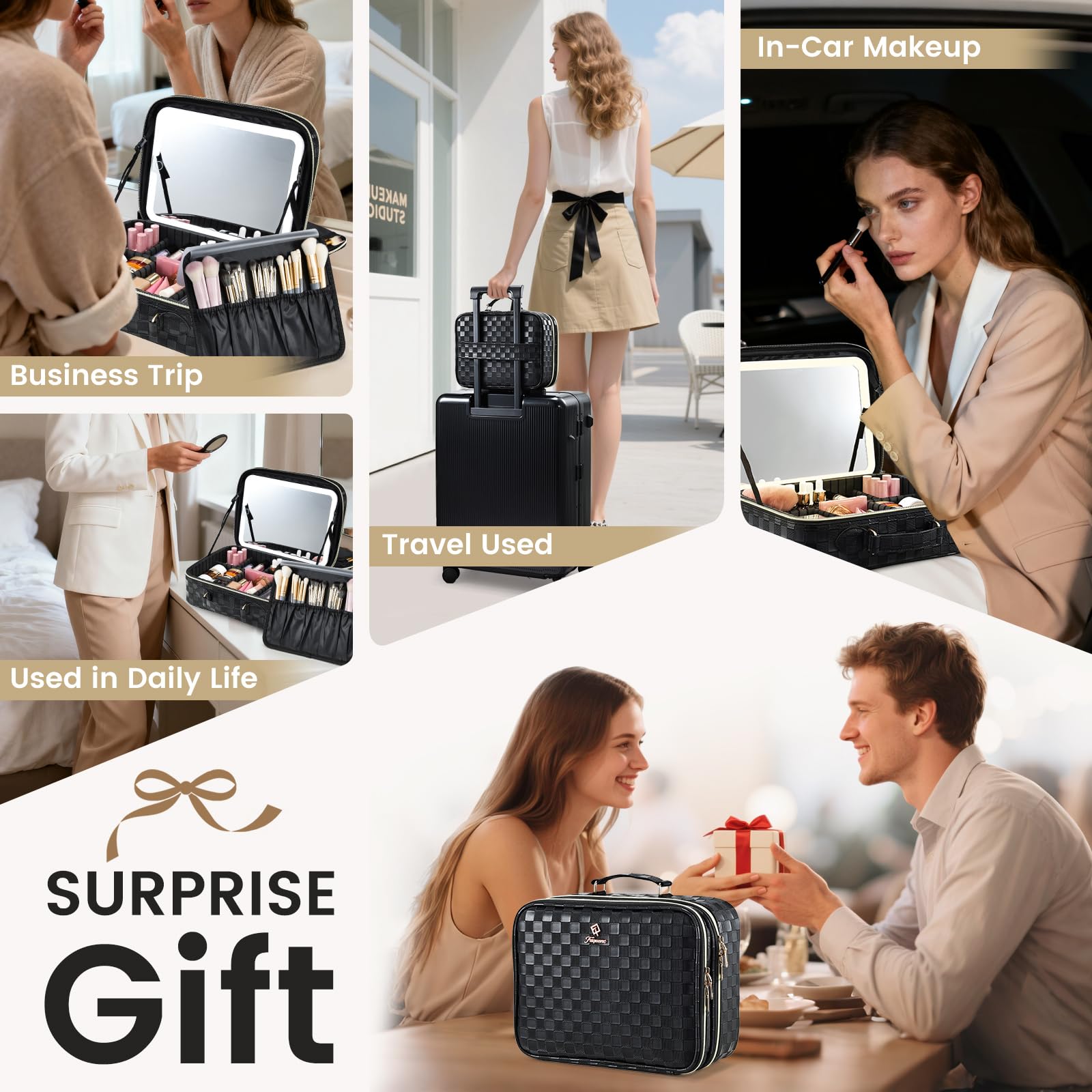 Faquenc black checkerboard travel case with gold zipper for style