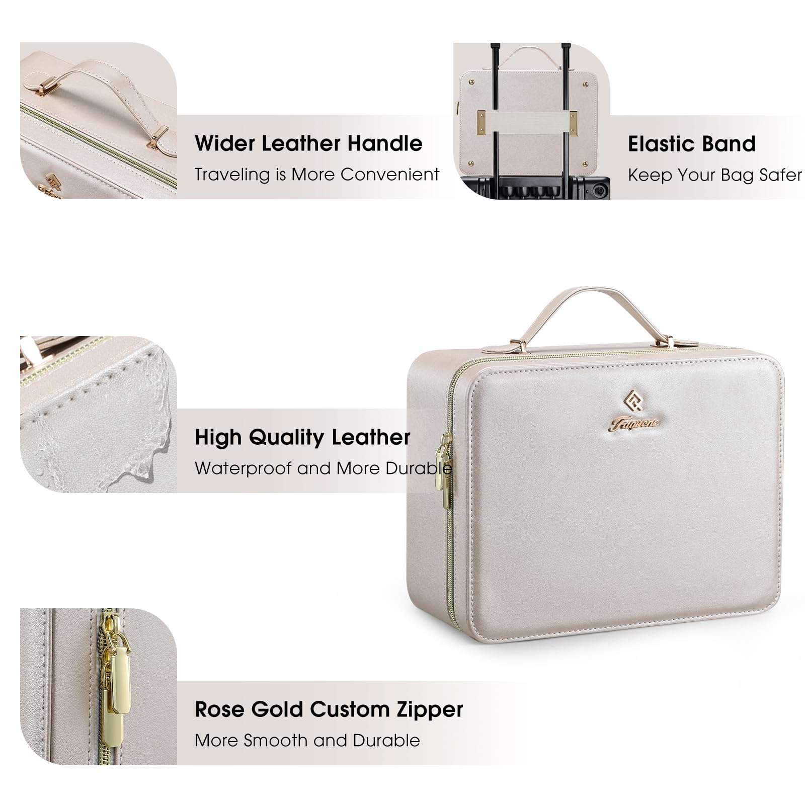 Faquenc makeup case with six removable dividers protects cosmetics with organization.