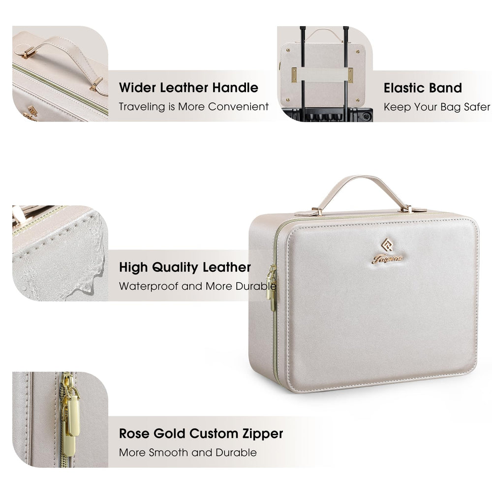 Faquenc makeup case with six removable dividers protects cosmetics with organization.