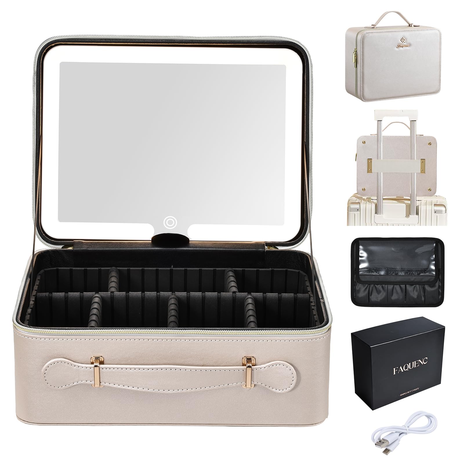 Faquenc leather makeup case with LED mirror offers on-the-go illumination for touch-ups.