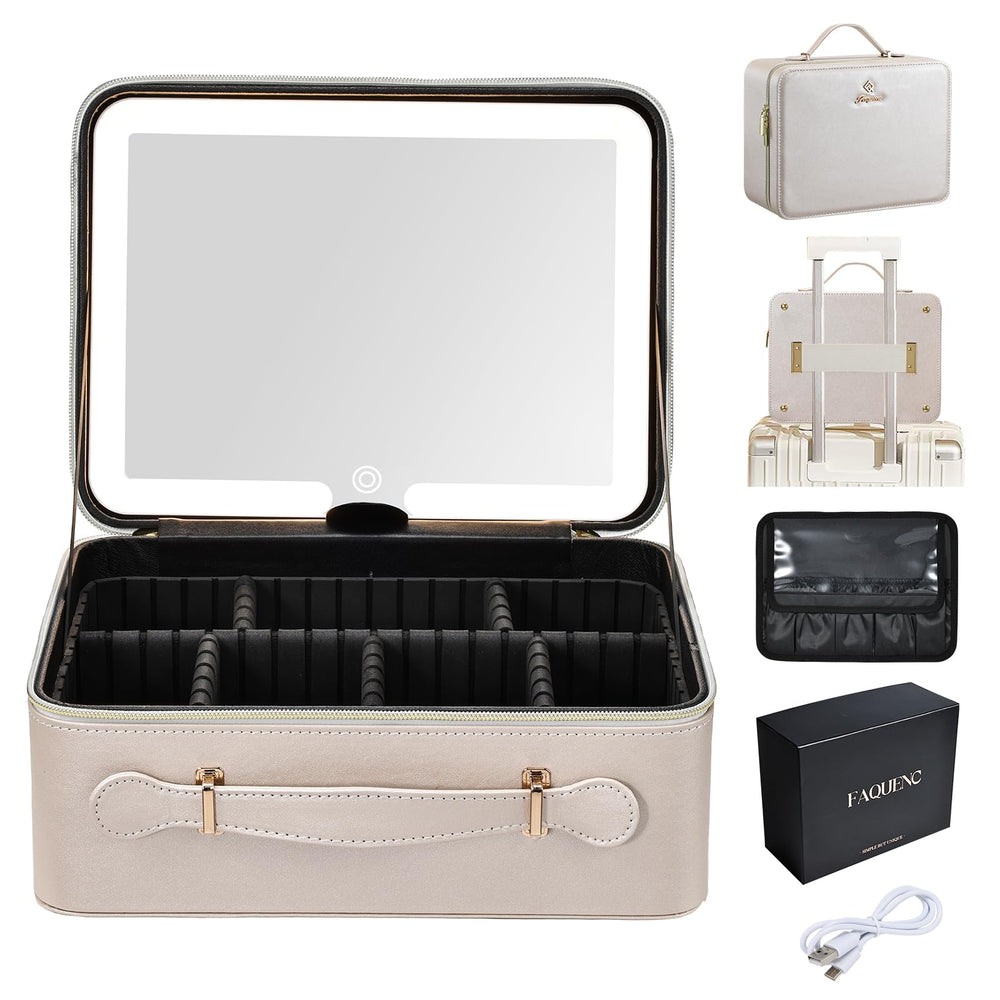 Faquenc leather makeup case with LED mirror offers on-the-go illumination for touch-ups.