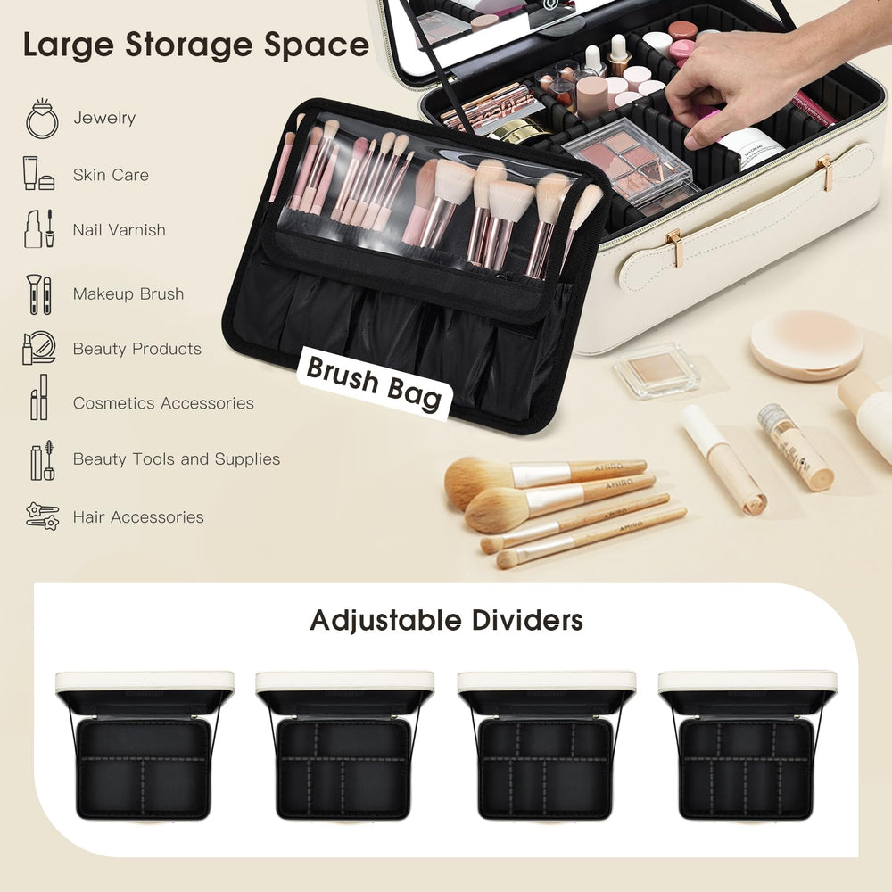 Faquenc makeup case with removable dividers for customizable cosmetics storage.