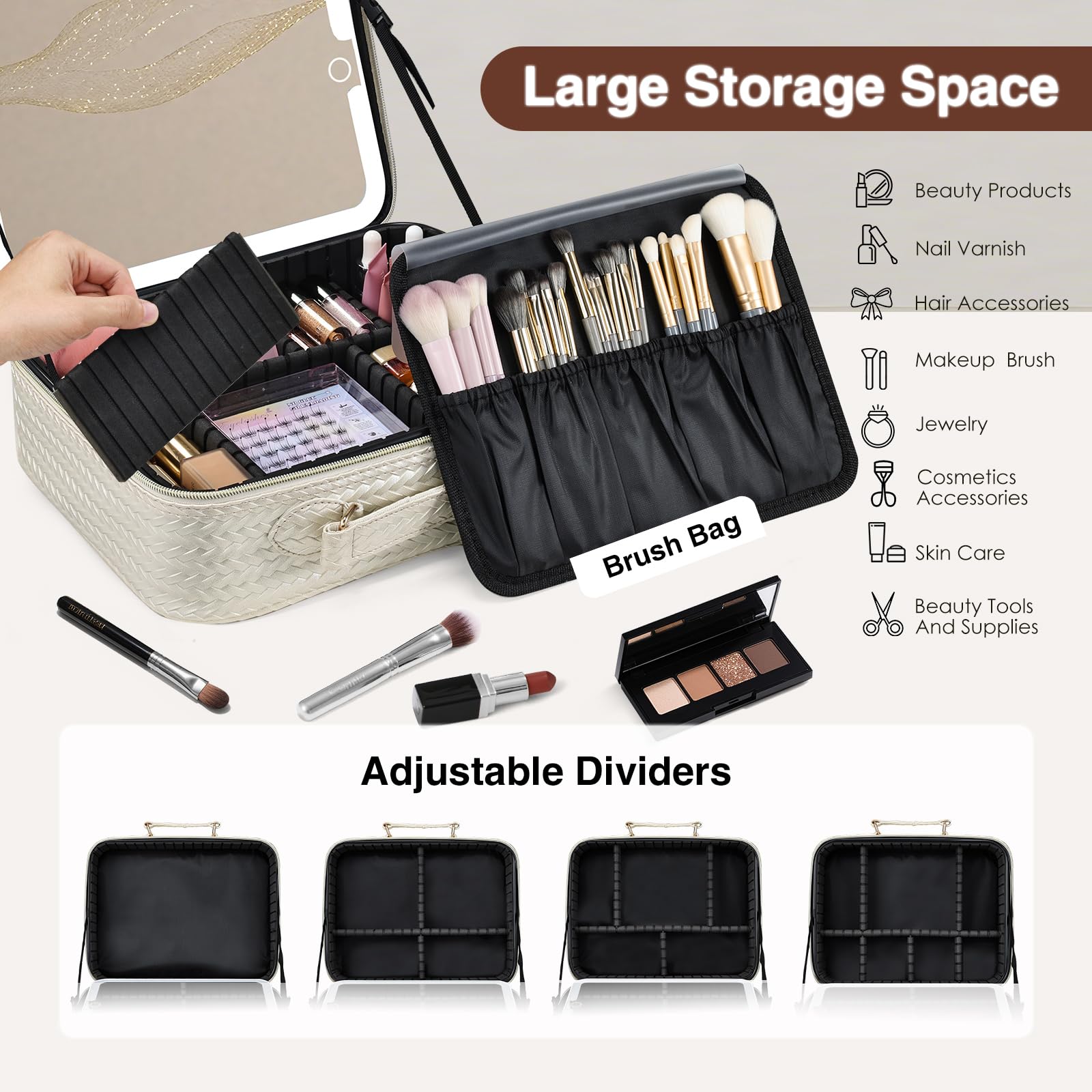 Faquenc makeup bag detachable dividers—customizable cosmetic storage.