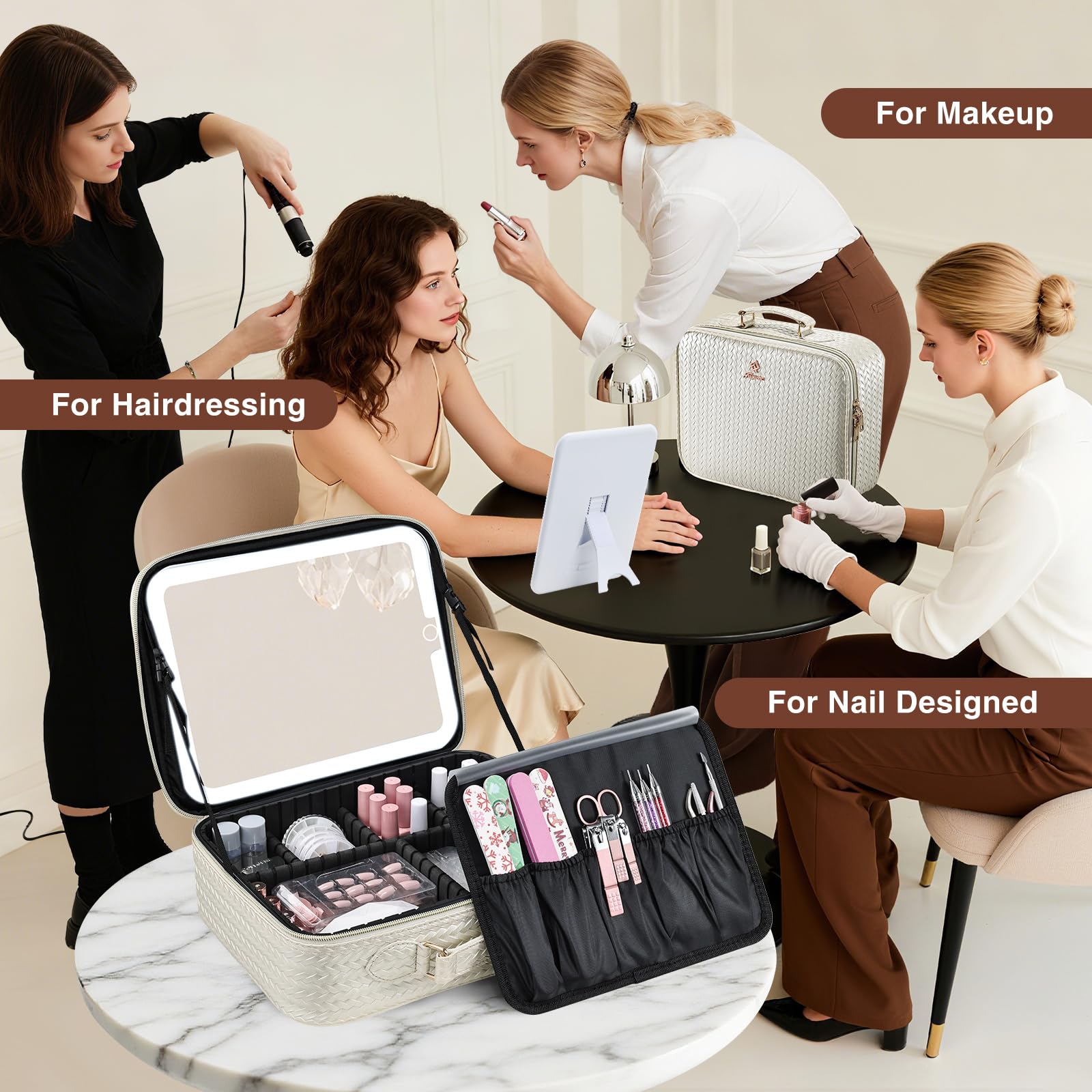 Faquenc makeup bag mirror extended view—on-the-go makeup with LED lighting.