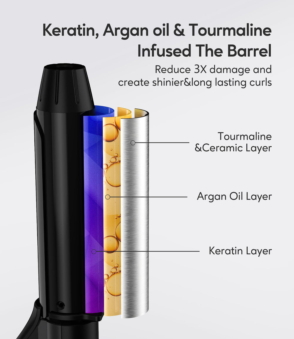 FARERY keratin-argan oil-infused barrel nourishes hair during styling.