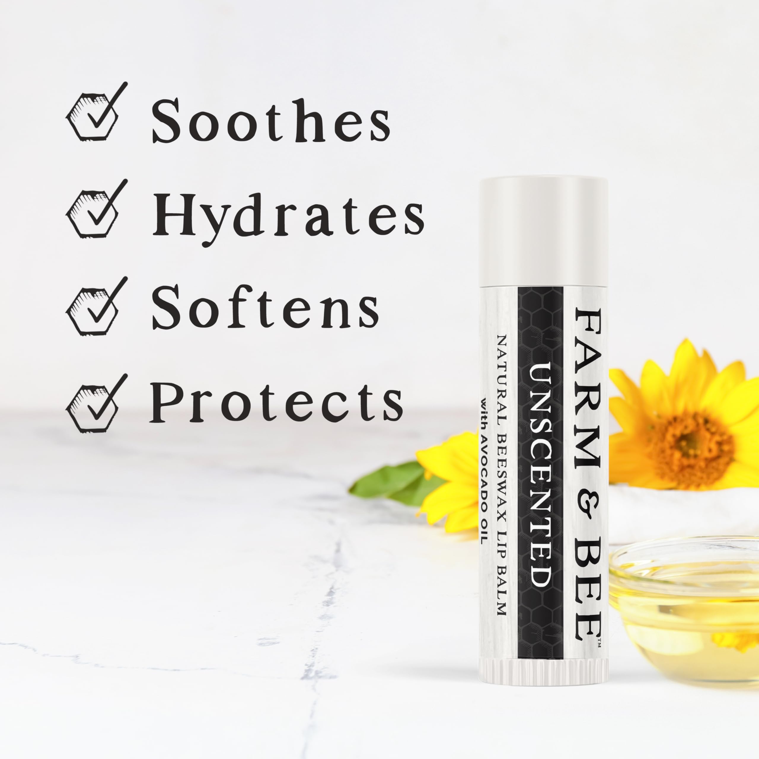 Farm & Bee lip balm beeswax-closerlook showcases pure beeswax for long-lasting hydration.