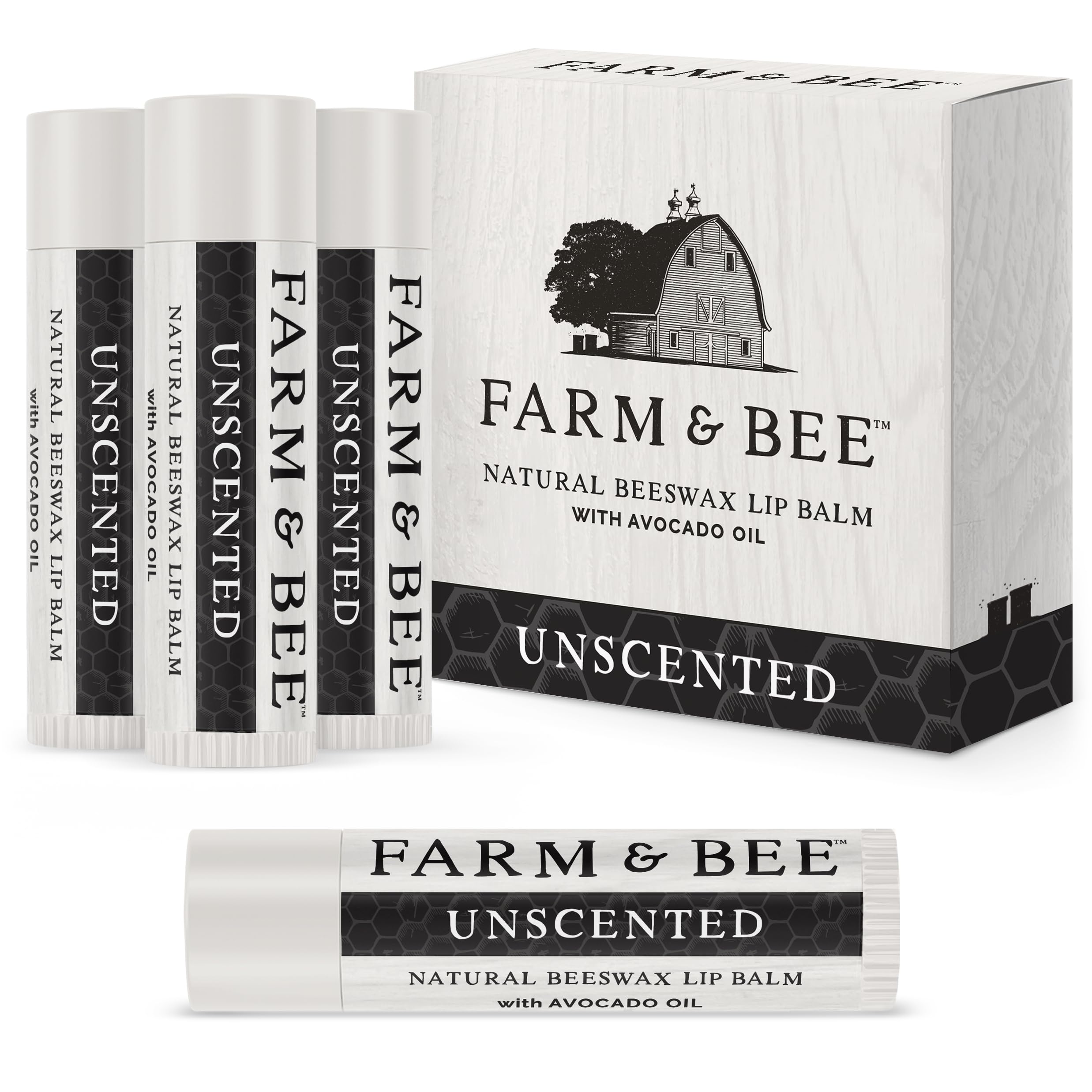 Farm & Bee natural lip balm pack-4-unscented-tube delivers portable, fragrance-free moisturization.