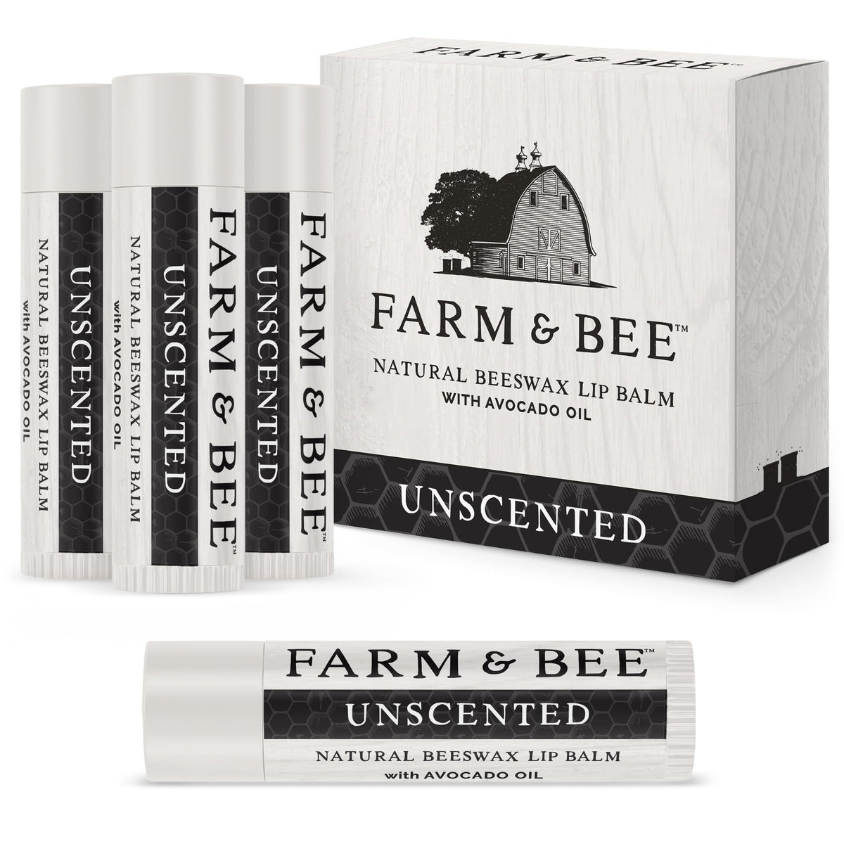 Farm & Bee natural lip balm pack-4-unscented-tube delivers portable, fragrance-free moisturization.