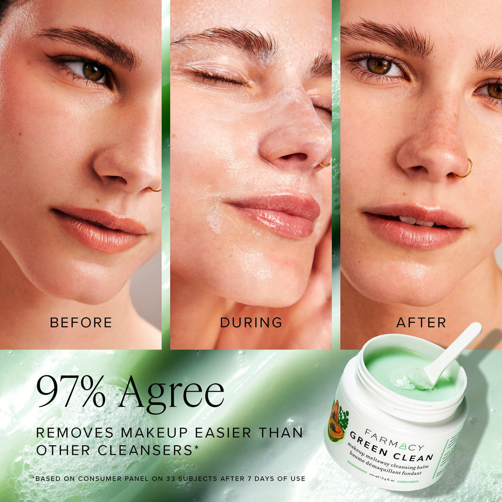 Farmacy Green Clean applied on dry skin to melt makeup with gentle massage.