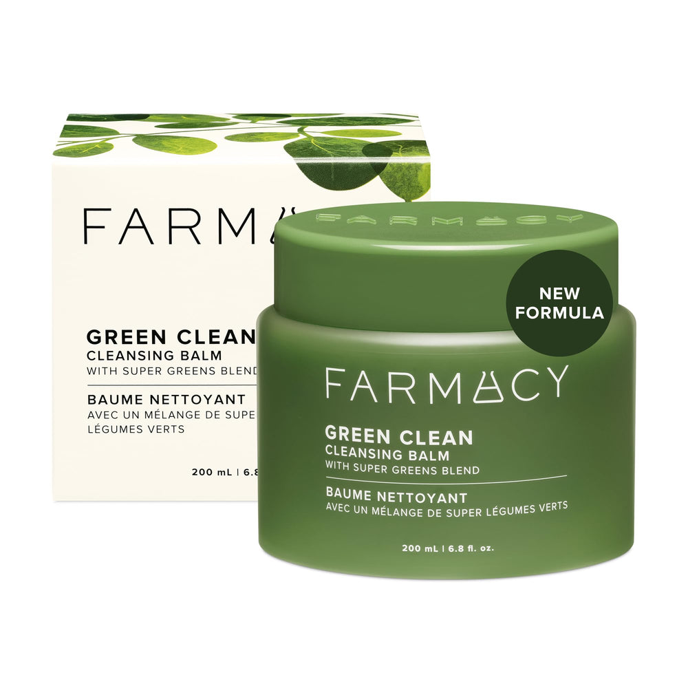 Farmacy Green Clean cleansing balm jar demonstrates gentle makeup removal and hydration.