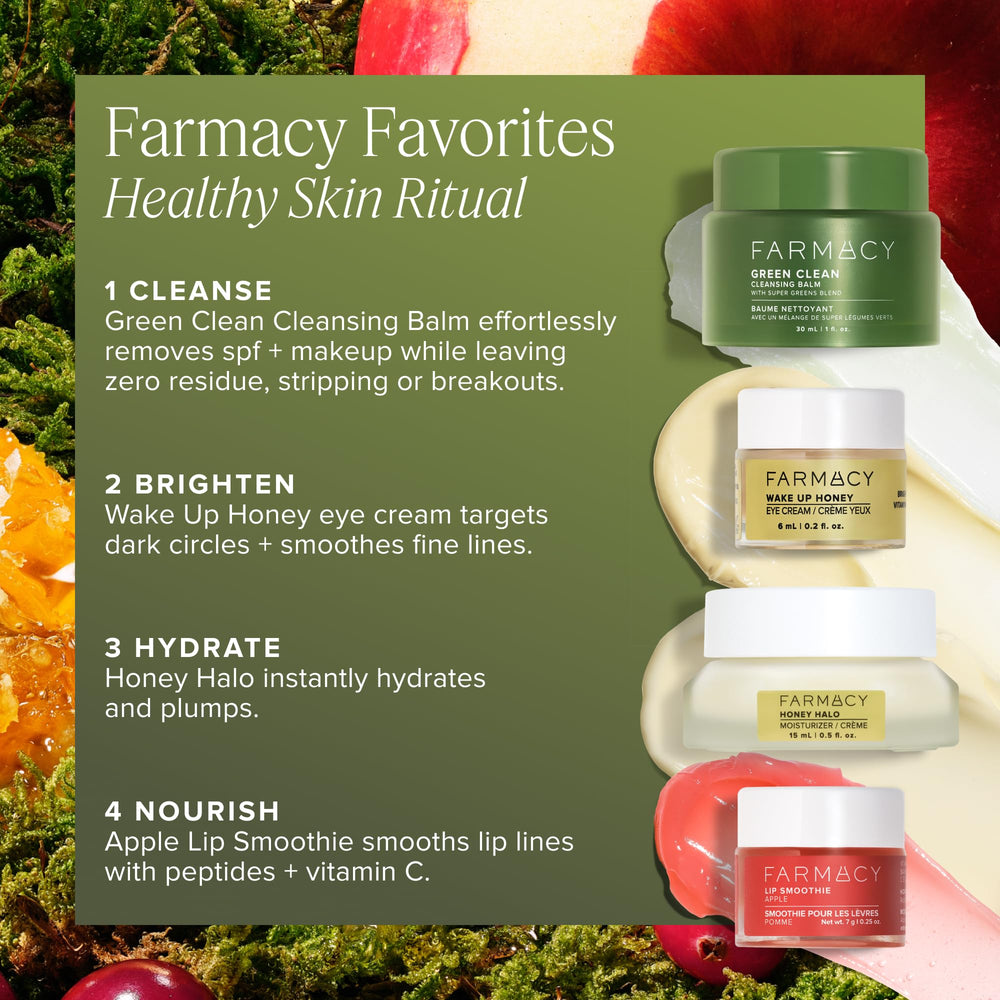 Farmacy Green Clean balm melt shows balm-to-oil action for makeup removal.