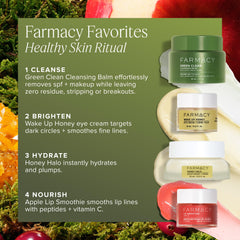 Farmacy Green Clean balm melt shows balm-to-oil action for makeup removal.