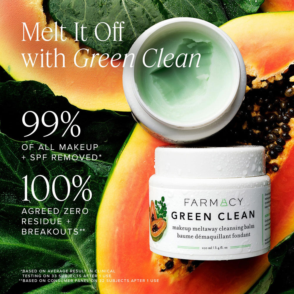 Farmacy Green Clean balm-to-oil texture demonstrates transforming makeup removal into silky cleanse.
