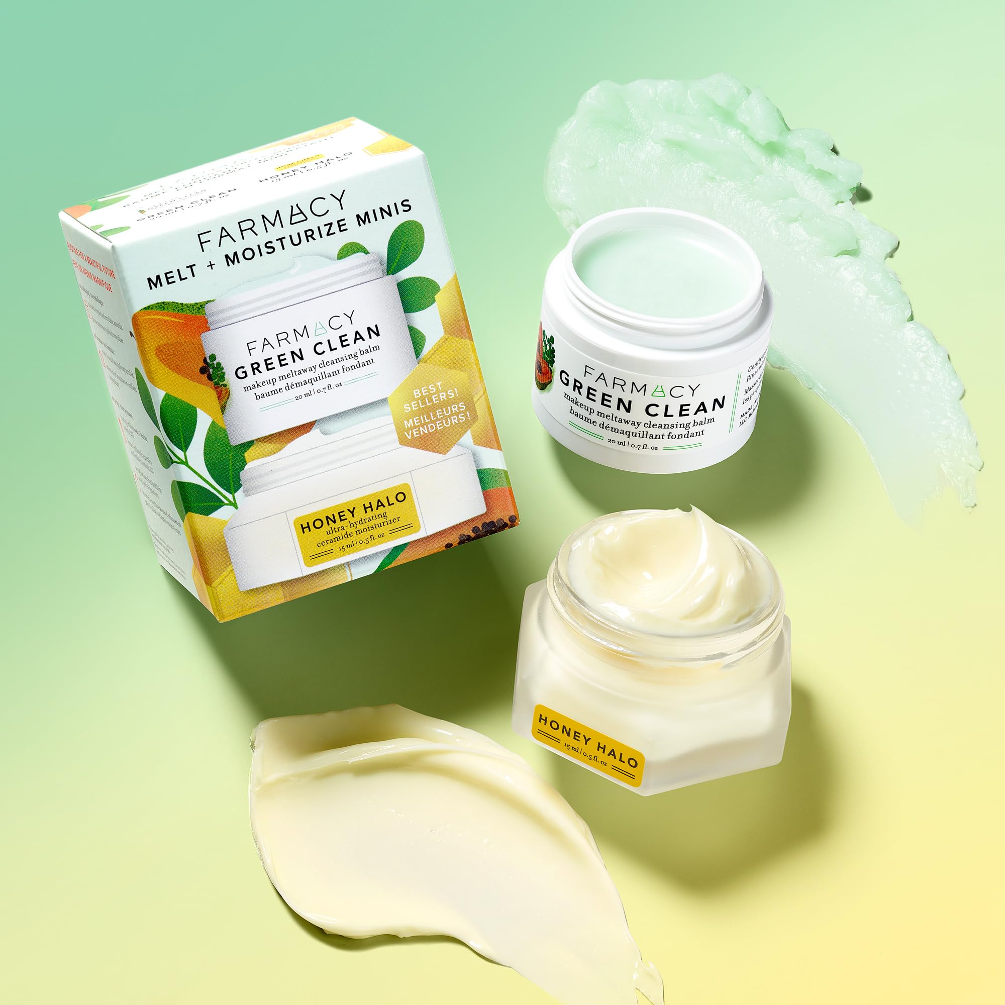 Farmacy Green Clean balm-to-oil texture demonstrates makeup removal power.
