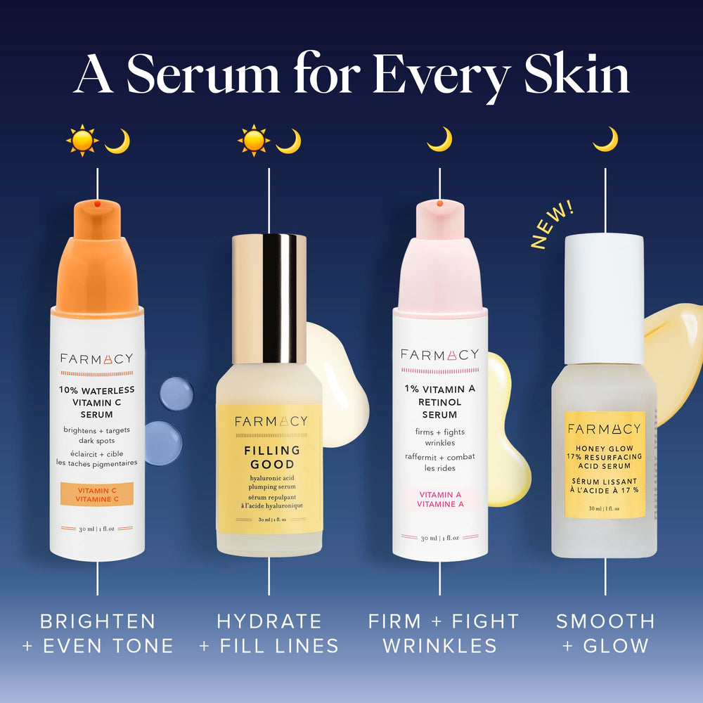 Farmacy Honey Glow Serum pore-refinement closeup highlights reduced visibility of texture.