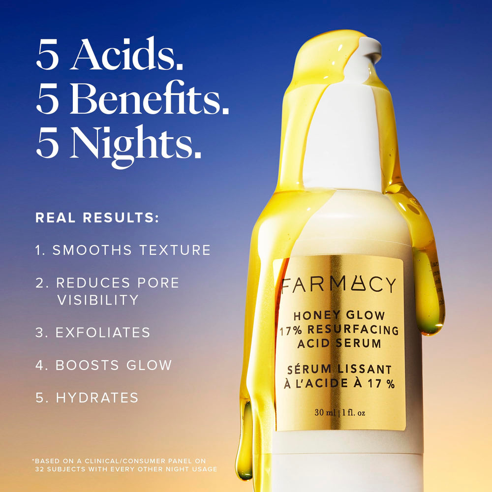 Farmacy Honey Glow Serum texture swirl highlights silky, fragrance-free formula ideal for nightly use.