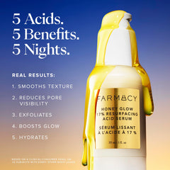 Farmacy Honey Glow Serum texture swirl highlights silky, fragrance-free formula ideal for nightly use.
