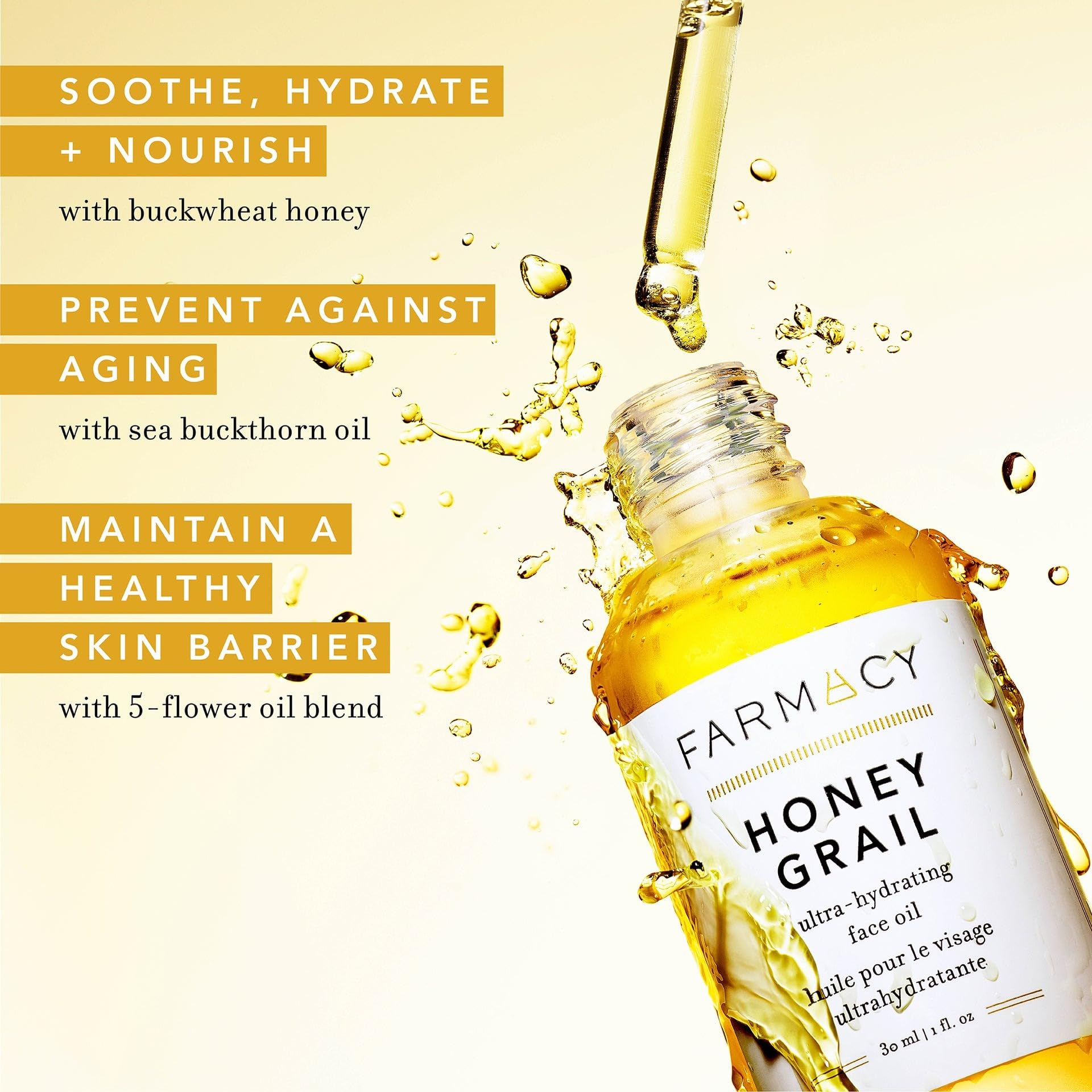 Dropper application of Farmacy Honey Grail oil for quick absorption.