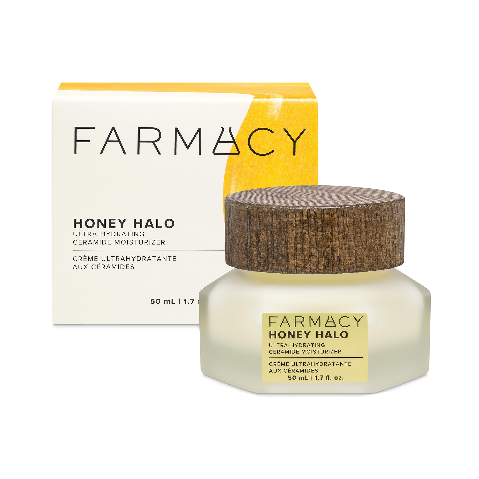 Farmacy Honey Halo bottle close-up showing ceramide-rich hydration for dry skin