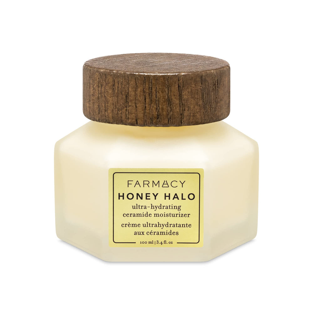 Farmacy Honey Halo bottle front shows a hydrating moisturizer for dry skin with a dewy finish