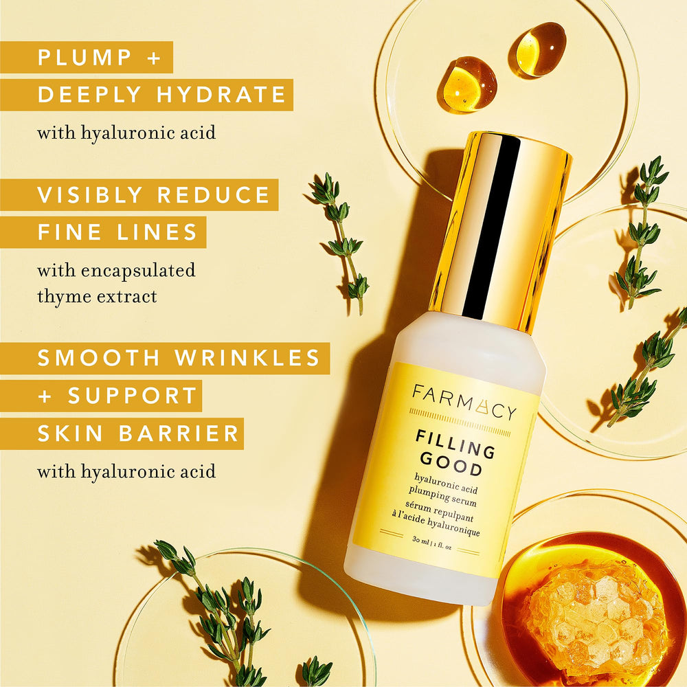 Farmacy Hyaluronic Serum hydration glow suggests a plumped, dewy complexion