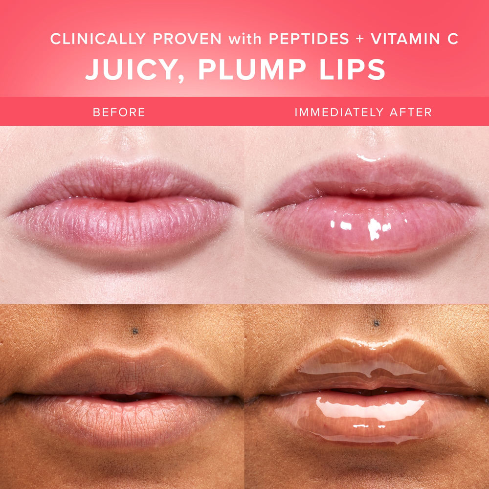 Farmacy acabado brillo transparente para labios lisos y brillantes.