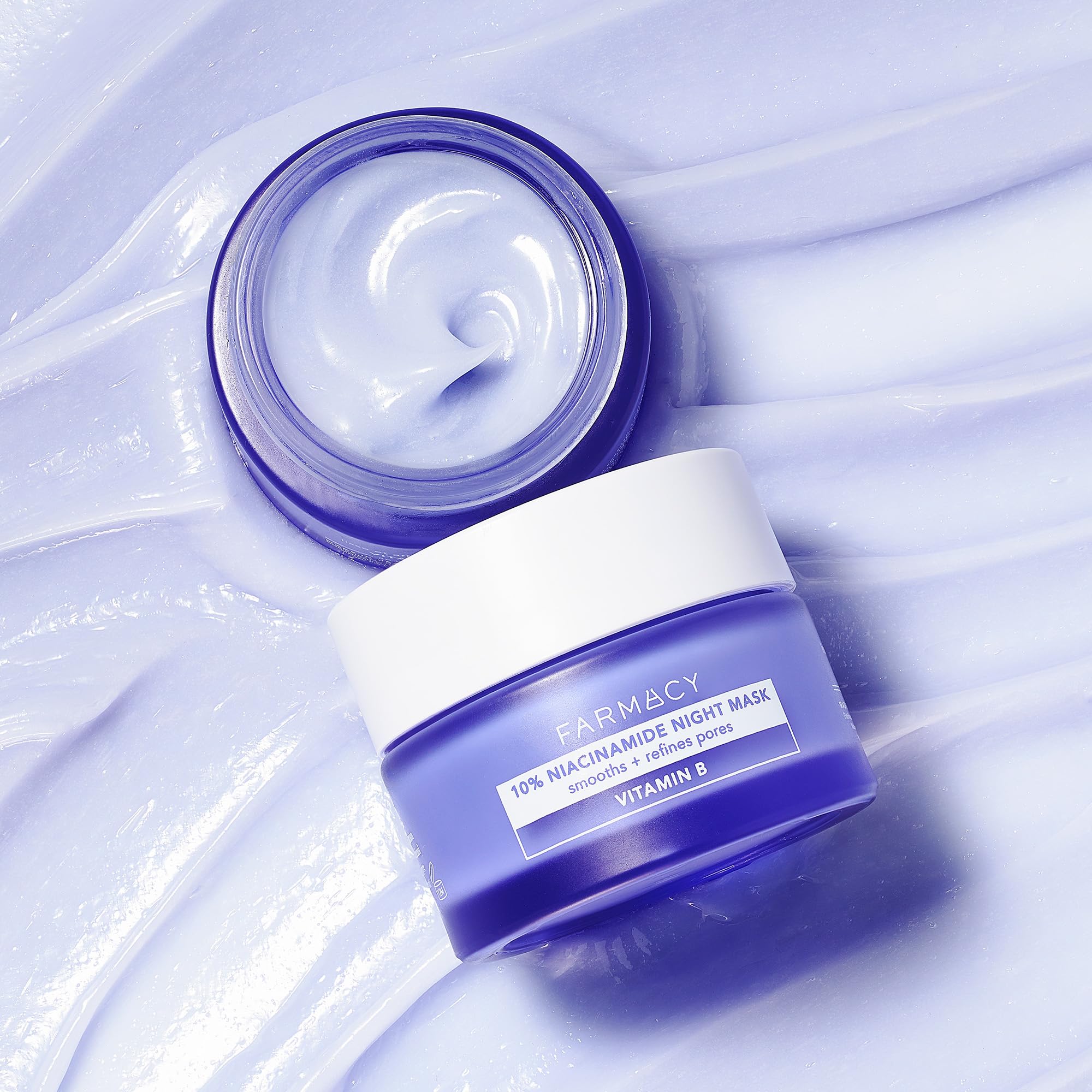 Close-up of Farmacy Niacinamide Overnight Mask texture reveals creamy consistency for soothing night care.
