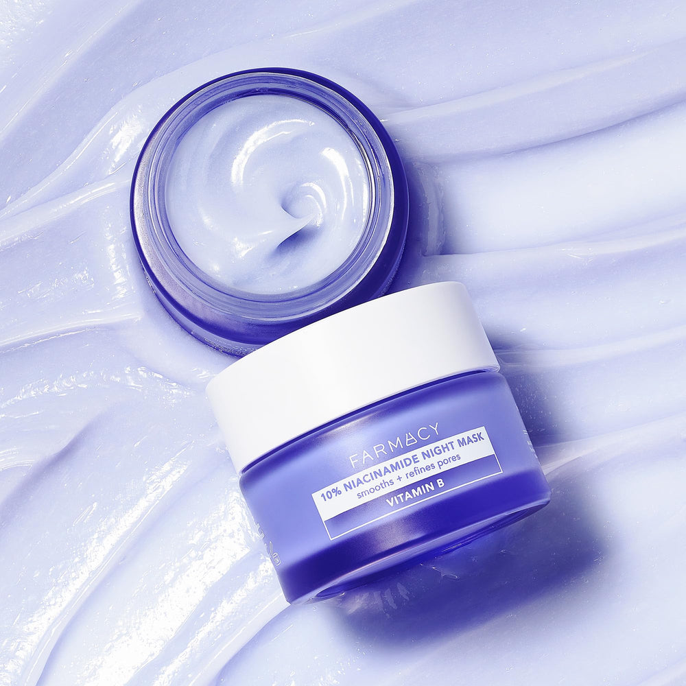 Close-up of Farmacy Niacinamide Overnight Mask texture reveals creamy consistency for soothing night care.