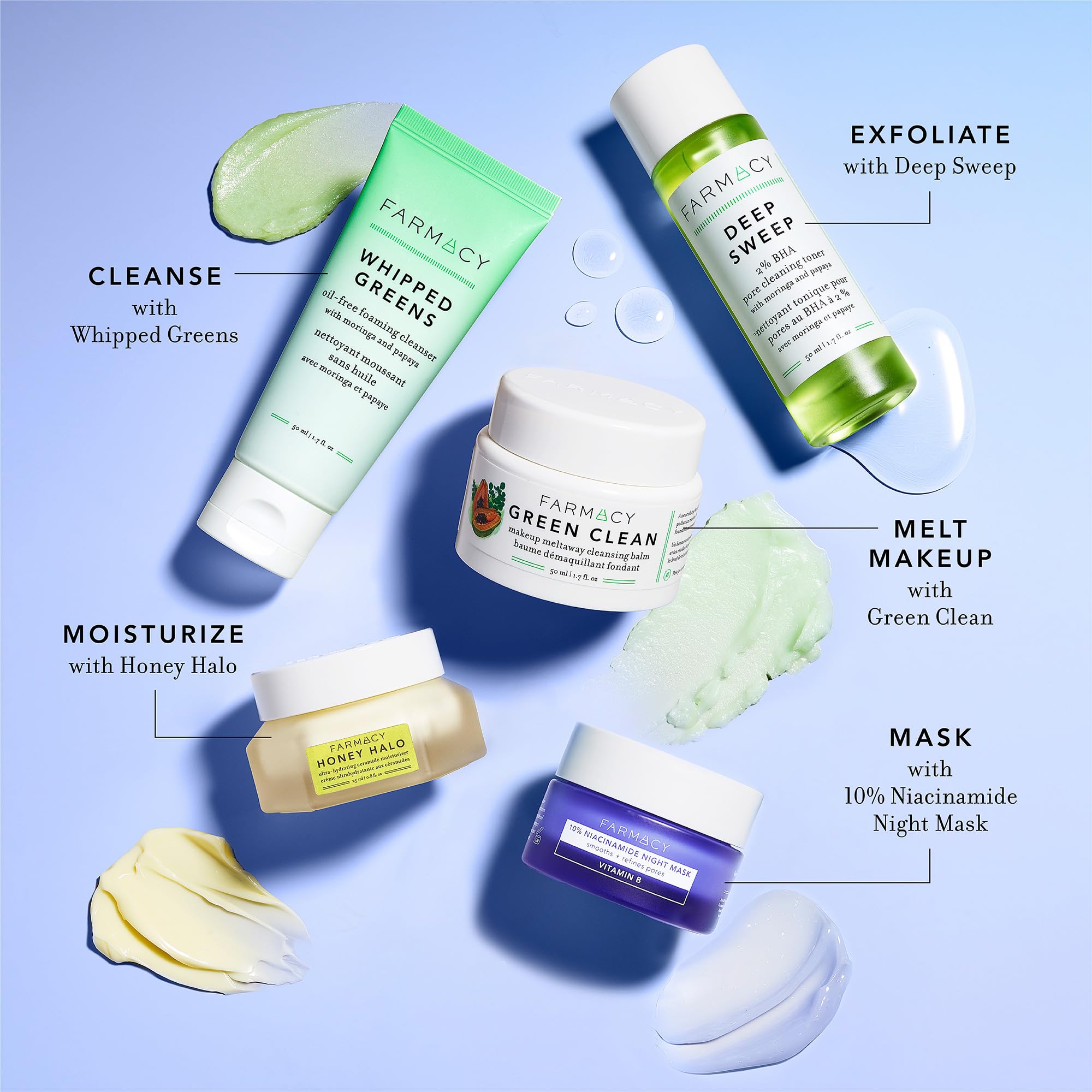 Night routine scene featuring Farmacy Niacinamide Overnight Mask for smooth, even texture.