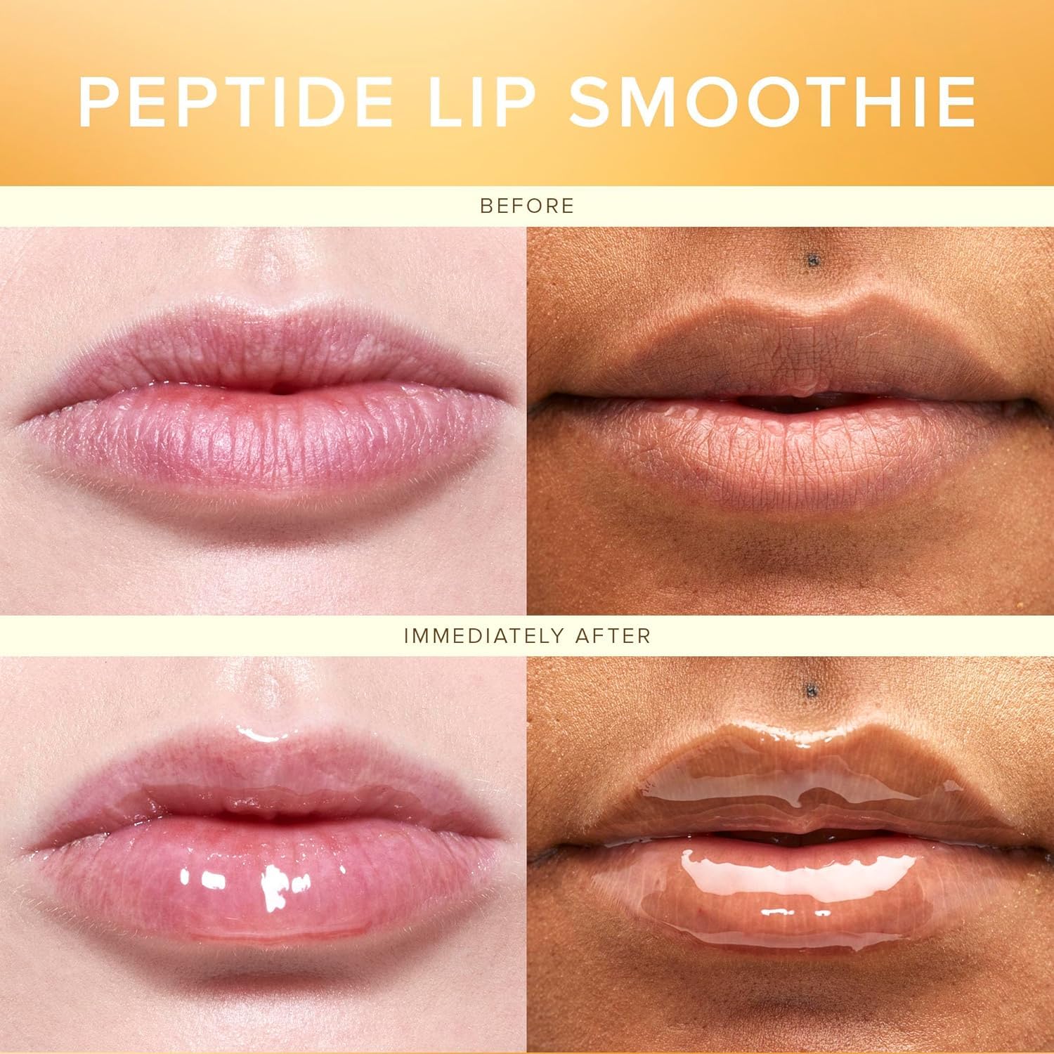Farmacy Peptide Lip Smoothie application mid-lip demonstrates smooth gloss