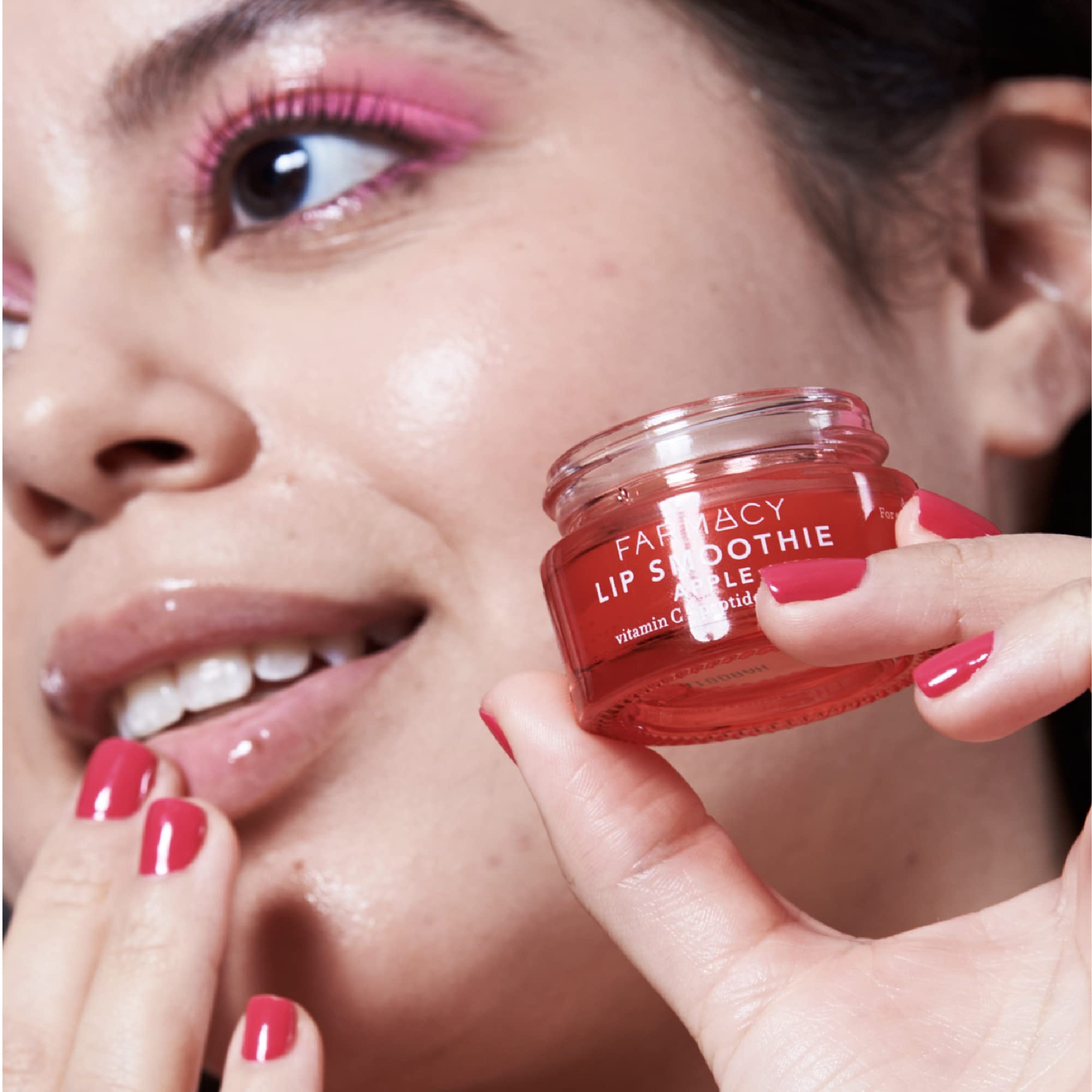 Farmacy Lip Smoothie 8-hour moisture—lip hydration and shine held.
