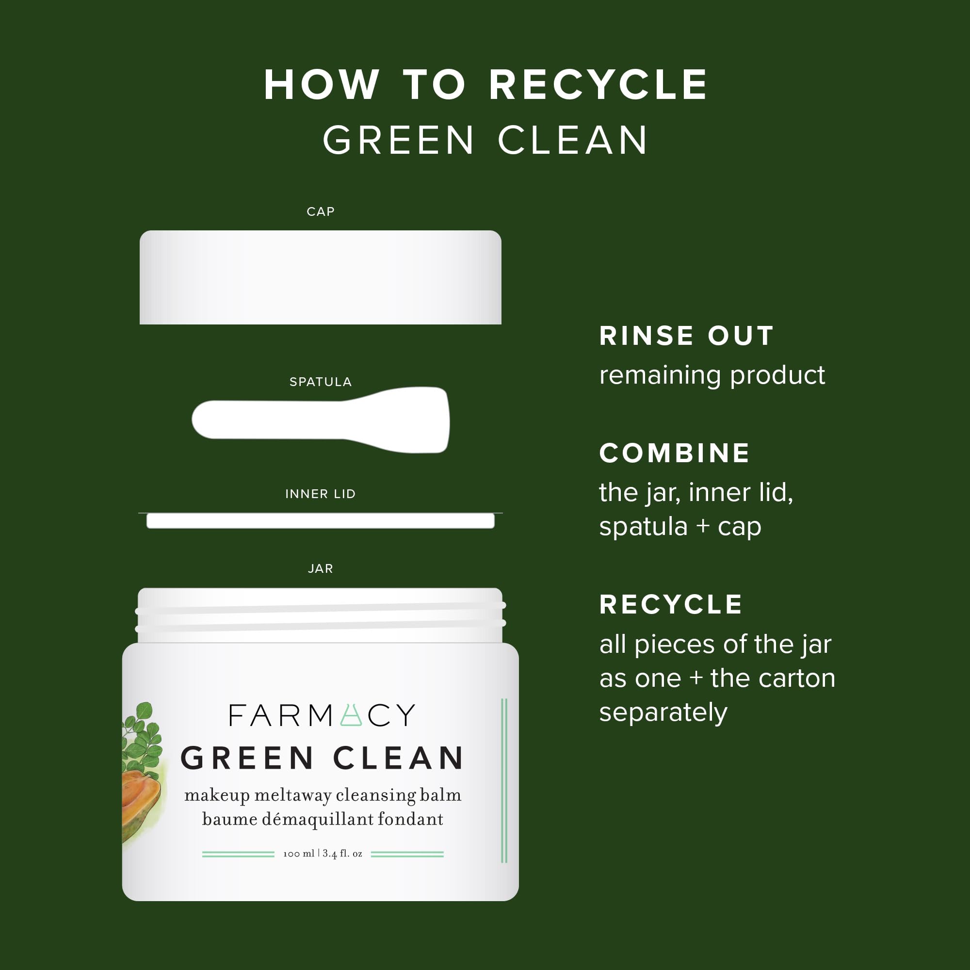 Farmacy recyclable jar packaging communicates eco-friendly design.