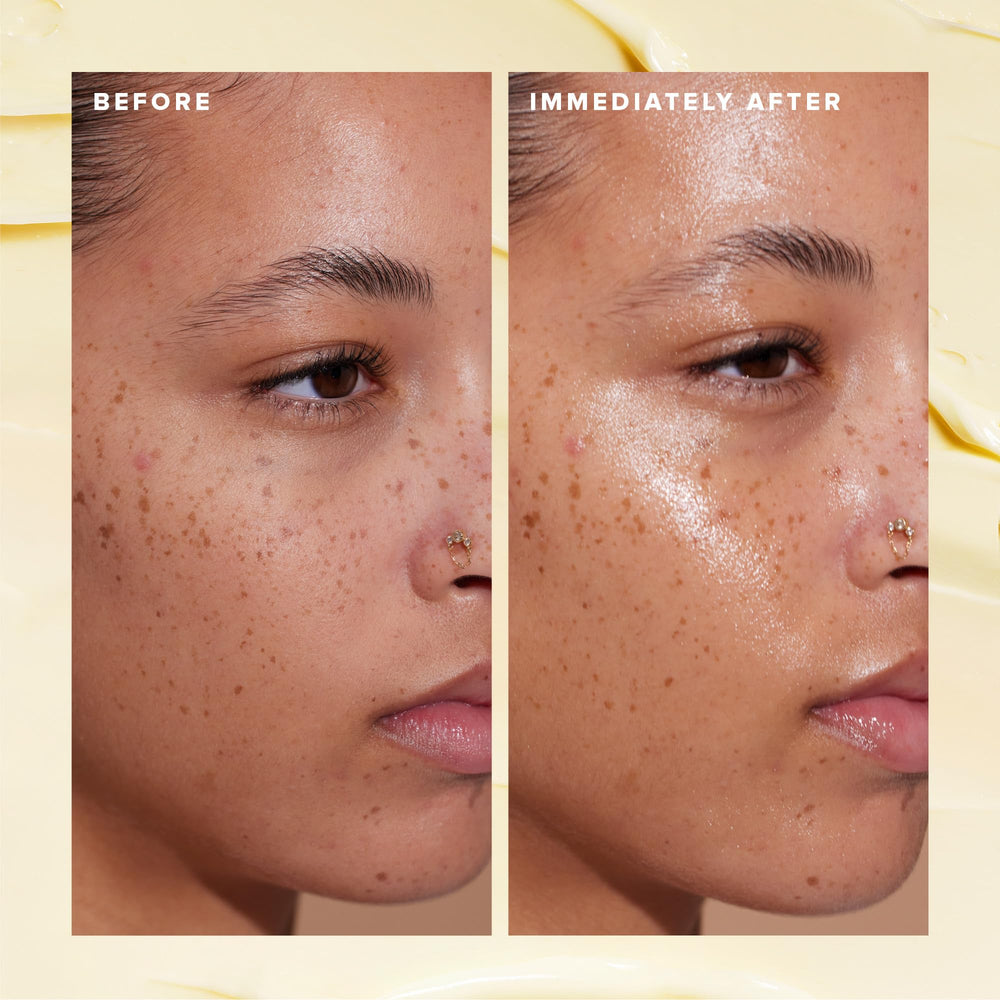 Farmacy travel-size skincare duo packaging on a vanity for travel-ready routine.
