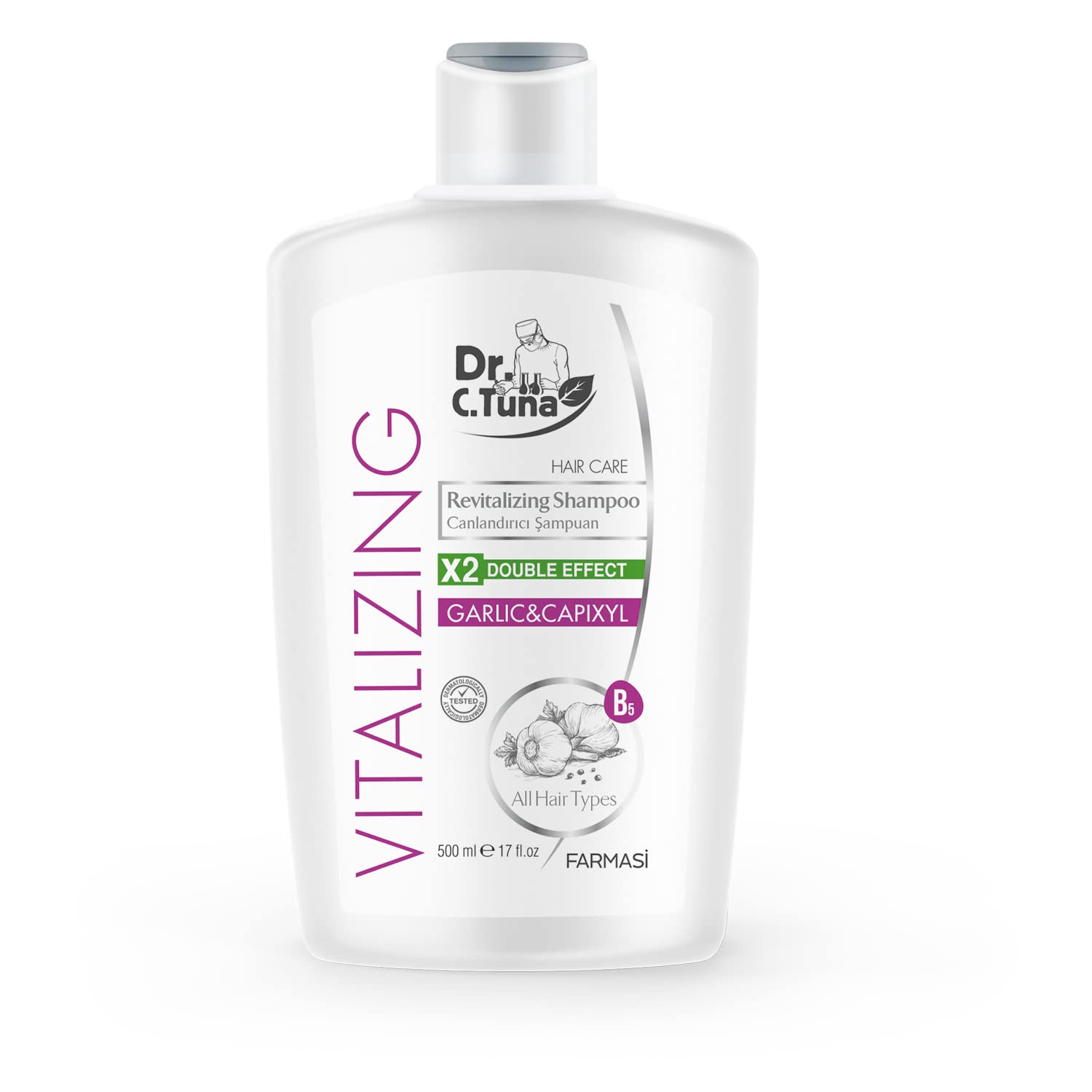 FARMASI garlic shampoo with argan oil highlights nourishing care for dry to normal hair.