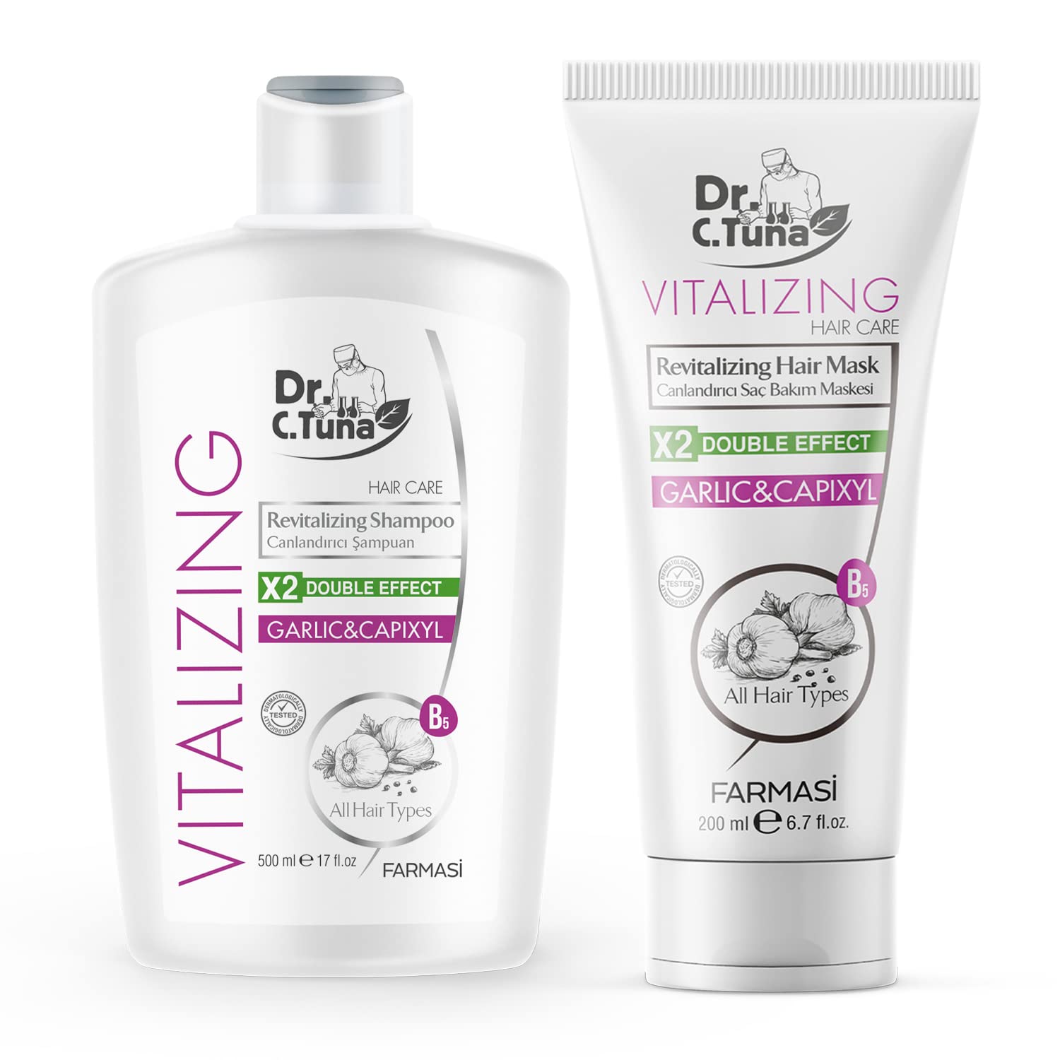 FARMASI Dr. C. Tuna Vitalizing Garlic Shampoo bottle hints at silky, hydrated hair.