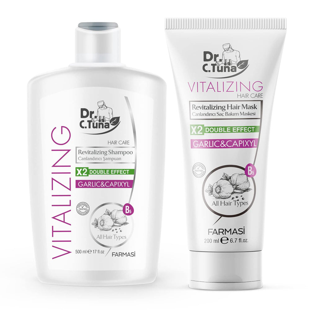FARMASI Dr. C. Tuna Vitalizing Garlic Shampoo bottle hints at silky, hydrated hair.
